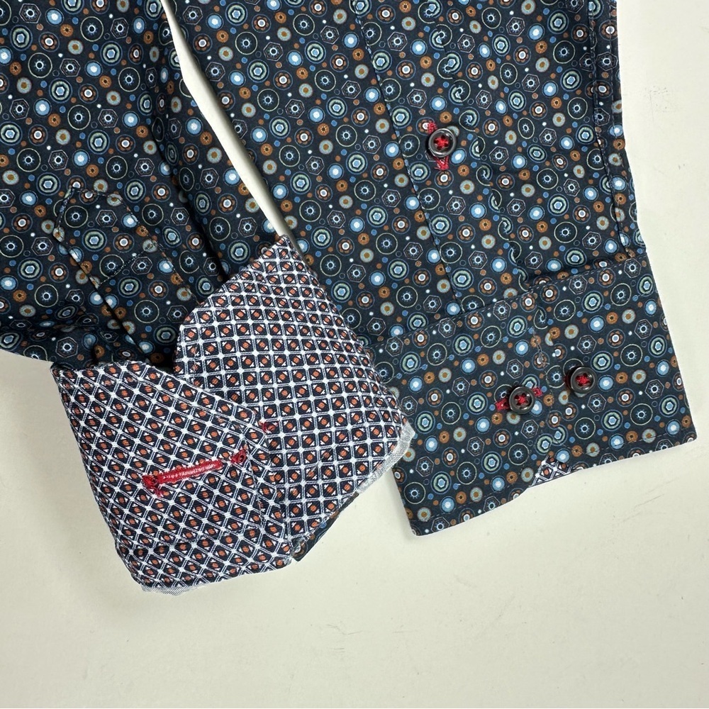 NWT 7 Downie St London Blue Print Button Up Shirt Mens Large Fitted Long Sleeve - Picture 9 of 10